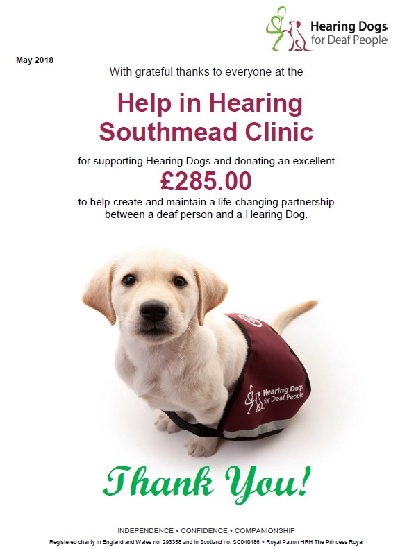 Hearing Dogs charity donation certificate