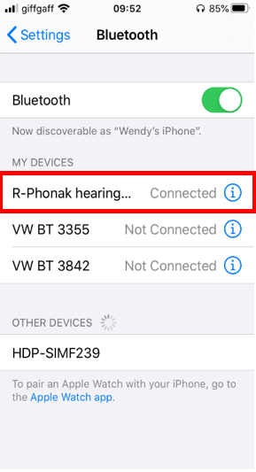 Step 5 - Tap on "R-Phonak hearing aid"