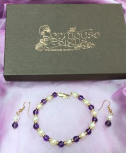 Cultured Pearl, Amethyst and Gold Bracelet and Earrings
